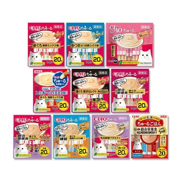 (2袋任選超值組)日本CIAO-啾嚕貓咪營養肉泥幫助消化寵物補水流質點心20入/袋(海鮮鮪魚鰹魚柴魚綠茶消臭液狀零食獨立包裝)