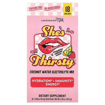 Legendairy Milk, She's Thirsty®，椰子水電解質混合物，草莓檸檬水味（盒裝），18 條，每條 0.3 盎司（8.4 克）