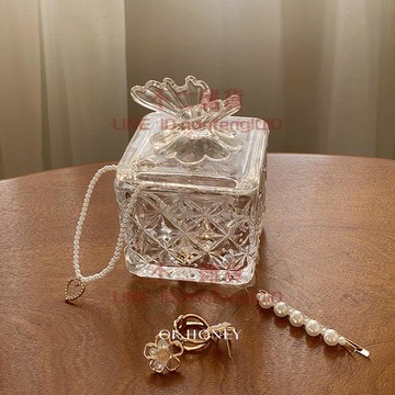 方形蝴蝶玻璃首飾盒戒指飾品盒收納盒復古中古擺件【不二雜貨】