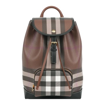 BURBERRY 經典格紋翻蓋束口後背包(暗樺木棕色) 8112224