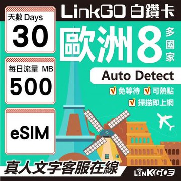 LINKGO白鑽卡 歐洲8國 eSIM卡 30天上網卡 每日500MB (歐洲網卡 法國 瑞典 奧地利 英國)