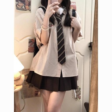 無負評好評單品🙌休閒套裝JK制服裝韓系學院風辣妹百褶裙寬鬆條紋襯衫兩件套女夏季3IEH
