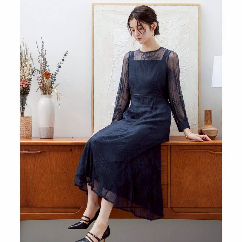 ニアナ Niana バックリボン総レースワンピースパーティードレス ネイビー 通販 Lineポイント最大2 0 Get Lineショッピング