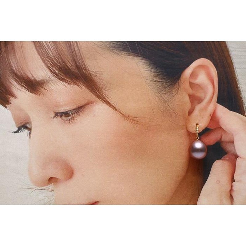 淡水真珠パールデザインブラピアス 13mm パープルカラー K18製/D0.06ct