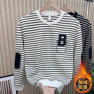 圓領男士刷毛大學T 新款2025款春秋季條紋長袖t恤男 潮流百搭上衣