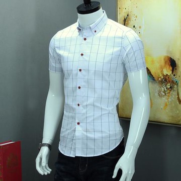 夏季時尚男裝短袖藍色格子襯衫男商務休閑免燙棉質半袖男生衣服潮