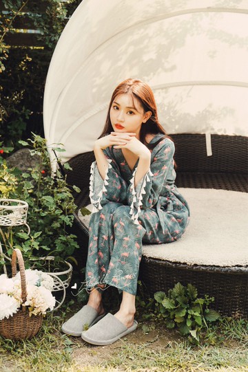 美琪 (親膚柔軟)플라밍고火烈鳥日系流蘇慵懶게으른純棉紗長袖女睡衣家居服套裝