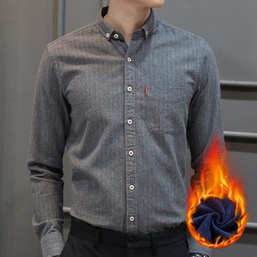 冬季加絨加厚襯衫男士長袖內搭潮流日系寬松休閑打底條紋保暖襯衣