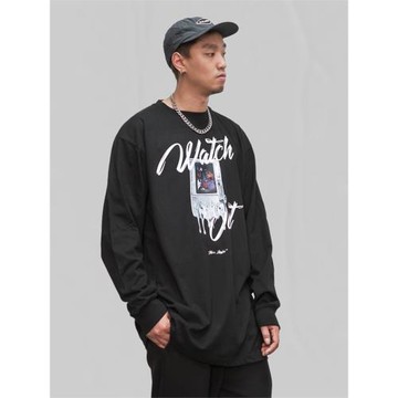 AKAMA原創設計國潮美式嘻哈人物相機印花長袖T恤男2022年春季上衣