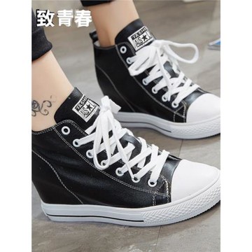 2025春季新款真皮厚底高幫鞋女內增高8cm系帶百搭坡跟運動休閑鞋