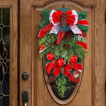 新品圣誕織帶鈴鐺倒掛樹花環門掛 圣誕節蝴蝶結松果藤條裝飾壁掛