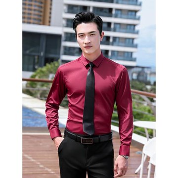 免燙酒紅色襯衫長袖男款職業裝大學生面試KTV工作服白領修身襯衣