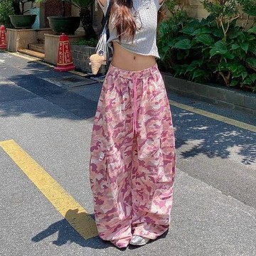 【粉色迷彩印花】女裝 工裝褲 闊腿褲 夏季新款 美式寬鬆 休閒褲 爵士舞褲 彎刀褲 女褲 潮流 街頭風 寬褲 長褲