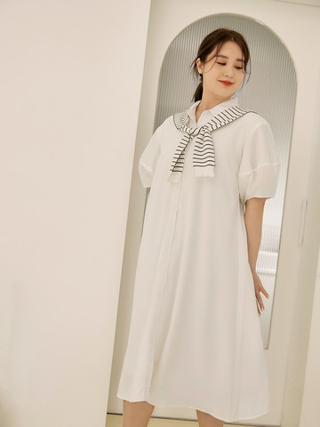 雲朵自訂款-拼接泡泡袖襯衫長洋裝