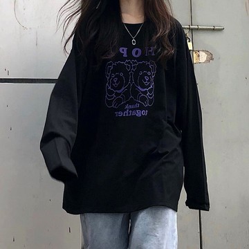 ins超火小熊長袖t恤女春秋韓版寬松打底衫潮慵懶風bf學生百搭上衣