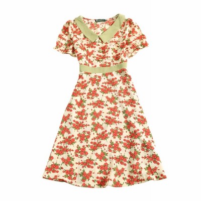 uxcell Allegra K 花柄 ワンピース ドレス Vネック 半袖 レディース ベージュ XS