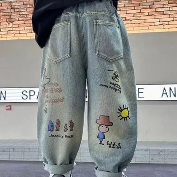 男童牛仔褲 夏季冰絲男女童牛仔褲中大童寬鬆老爹褲4-12歲時尚印花花型春秋款男童褲子