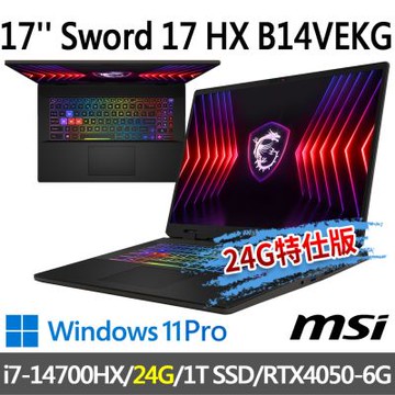 msi微星 Sword 17 HX B14VEKG-283TW 17吋電競筆電(i7-14700HX/24G/1T SSD/RTX4050-6G/W11P-24G特仕版)