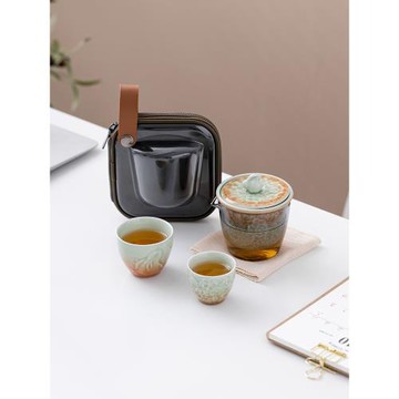 石久日式兔子浮雕陶瓷戶外快客杯一壺二杯便攜式功夫旅行茶具套裝