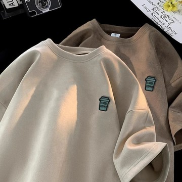 【高品 隔日到貨】280g重磅麂皮絨短袖t恤男女夏季t恤印花t恤五分袖上衣潮牌美式上衣加大碼復古風oversize t恤