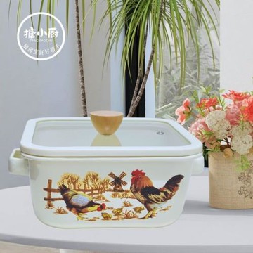 搪小廚輕奢琺瑯方形湯鍋家用多功能廚房不粘一體火鍋送禮雙耳帶蓋