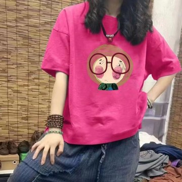 伊人衣舍 100%純棉 短袖T恤 女生 中大尺碼 上衣 夏季 韓版上衣 oversize 寬鬆長版短t 印花T恤