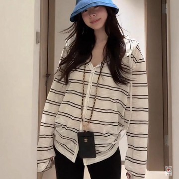 🎈流行女裝🎈早秋冷感長袖連帽防曬條紋罩衫開衫外套T恤夏季韓系慵懶薄款上衣