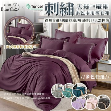 【藍貓BlueCat】頂級天絲刺繡床包兩用被套組/頂級萊賽爾/鋪棉兩用被套/床單 素色刺繡 雙人/加大/特大