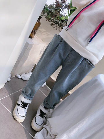 春秋季新款 男女童寬松純色牛仔褲 兒童帥氣舒適松緊腰休閑褲1入