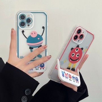 Q版小怪獸 隐形站立凳子支架 鏡頭全包 透明殼 防摔手機殼  iPhone15 14 13 12 11 Pro Max
