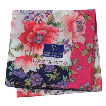 GIORGIO VALENTINO 日本製100%棉繽紛玫瑰花朵圖騰字母LOGO帕巾(白底/蜜桃色邊/45CM)