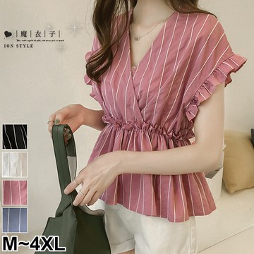 【QV3128】魔衣子-V領直條紋收腰荷葉袖上衣