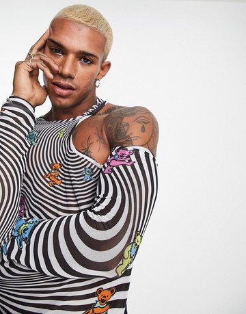 ASOS DESIGN muscle fit mesh long sleeve t-shirt with Grateful Dead all over prints-Multi