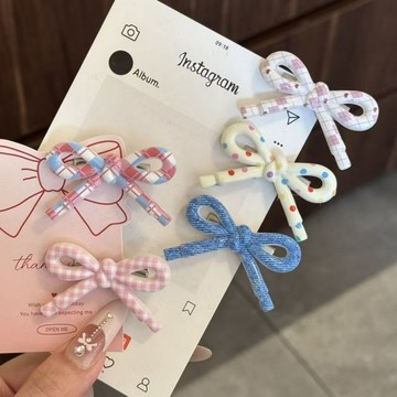 台灣現貨【法拉米拉】韓版簡約波點愛心格紋髮夾甜美少女蝴蝶結側邊鴨嘴夾網紅ins髮卡 蝴蝶結髮夾 77-0560