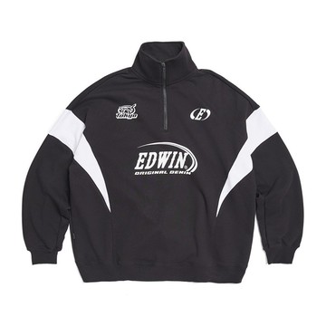 EDWIN 男款 配色剪接翻領長袖T恤 (黑色) #上衣