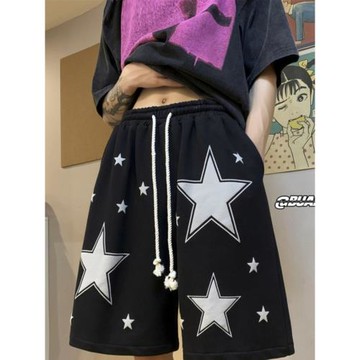 星星印花短褲男美式hiphop高街褲子夏季五分褲直筒寬松休閑運動褲
