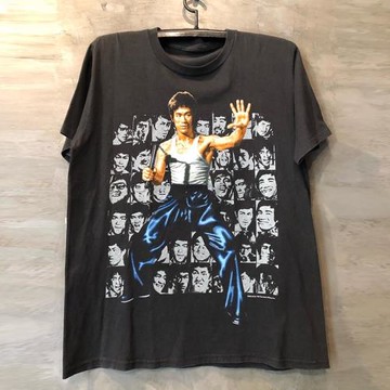 BruceLee李小龍人像美式小領口落肩痞帥短袖vintage復古潮T恤男