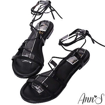 Ann’S腳部馬甲線-繫繩繞帶平底羅馬涼鞋-黑