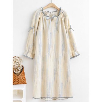 法式空氣棉睡裙女秋冬季長袖純棉加厚睡袍家居服夾棉睡衣家居服