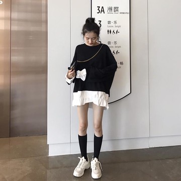 秋裝拼接假兩件長袖衛衣裙子寬松顯瘦中長款港風連衣裙女1入