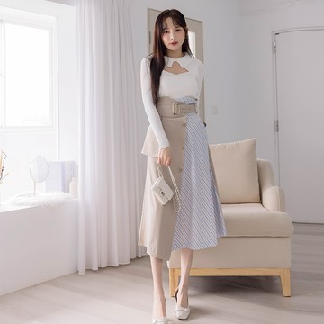 【買2送1】HS 寬腰帶斜紋配長裙 卡其色