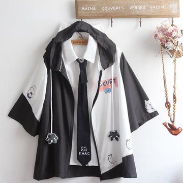 男女同款青少年學生寬松騎車防曬衣小胖貓咪老鼠拼色連帽短袖外套