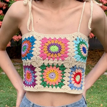 女士奶奶方格鉤織修身無袖露臍上衣 波希米亞風格