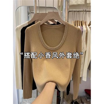 歐貨別致U領打底針織衫女春秋冬余暉風穿搭大碼顯瘦釘珠毛衣上衣