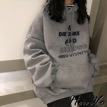 【HanVo】地球有好多字母內刷毛帽T 日常舒適鋪棉休閒寬鬆長袖大學T棉T 韓國女裝 女生衣著 A02-1790