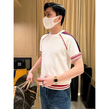 高級拼接內搭上衣短袖t恤男2025新款 獨特拼色修身衣服針織短袖男