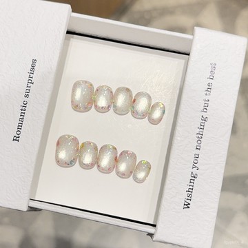 💕高定穿戴甲💕玻璃珠貓眼爆閃亮片氛圍感純手工穿戴甲手作美甲假指甲貼片短款穿戴甲 6Y7F