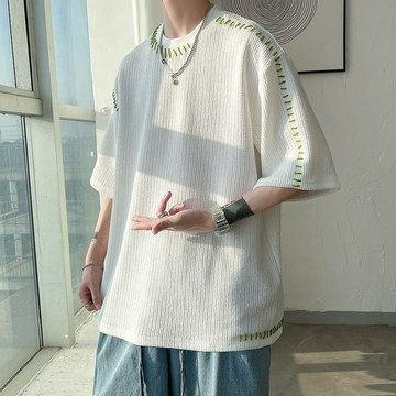 老錢風上衣 衣服男 韓系上衣 設計感小衆t恤男短袖寬鬆夏季潮牌圓領五分袖華夫格上衣嘻哈潮流素t 短袖t恤男 男生 t恤