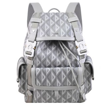 Christian Dior Hit the Road 金屬浮雕LOGO塗層皮革翻蓋抽繩式商旅後背包(灰)