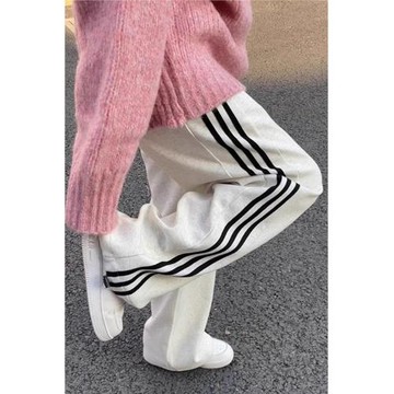 白灰色條紋運動褲女大碼2024秋季新款胖mm高腰寬松顯瘦直筒休閑褲